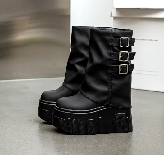 Fold Top Chunky Platform Buckle Boots