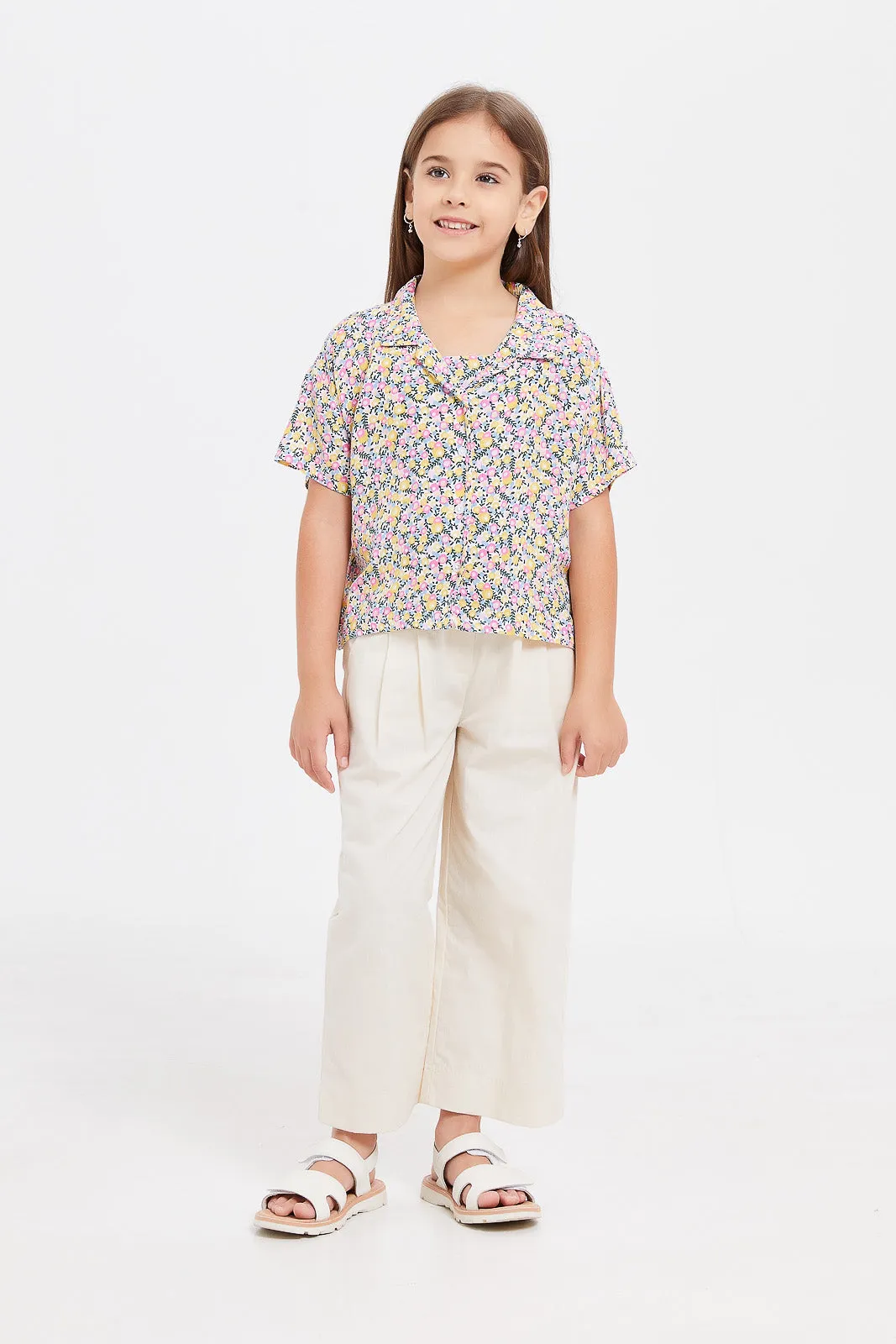 Girls Beige Cotton Wide Leg Trouser