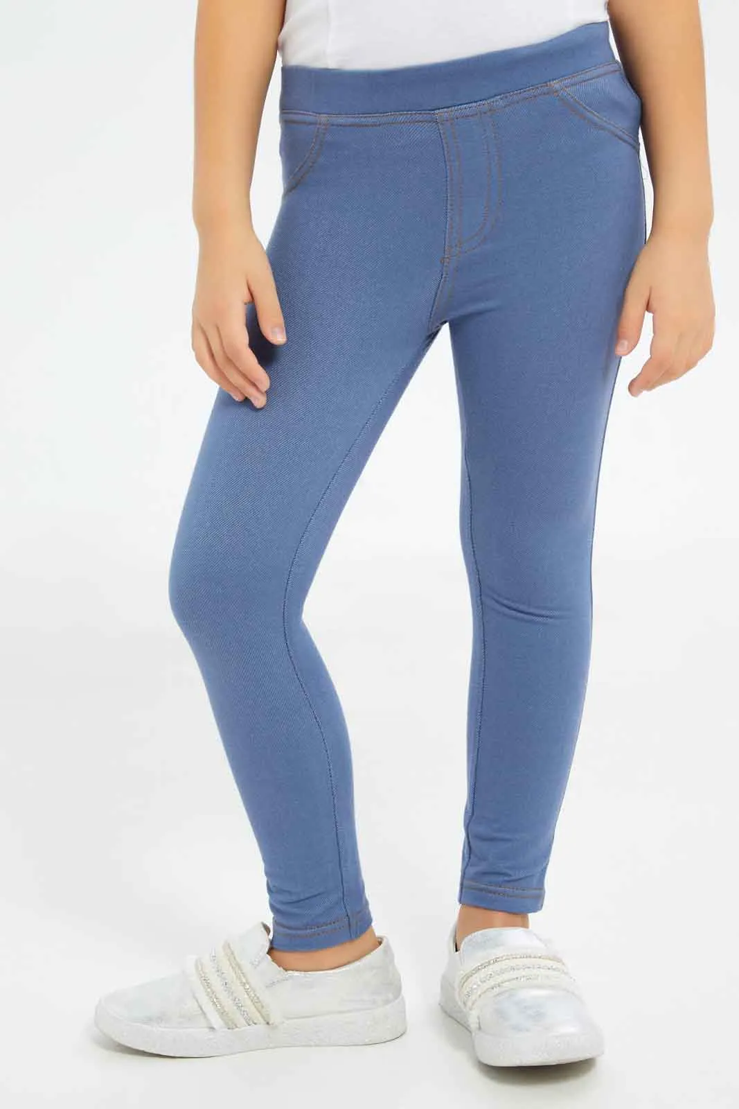 Girls Blue Plain Jeggings