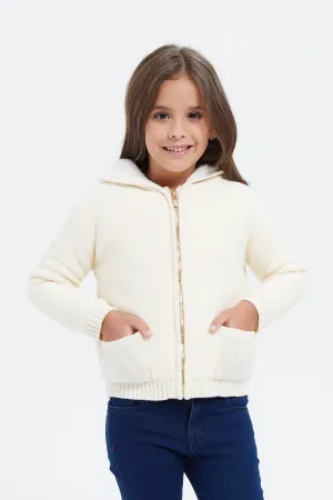 Girls Cream Zip Knitted Cardigan