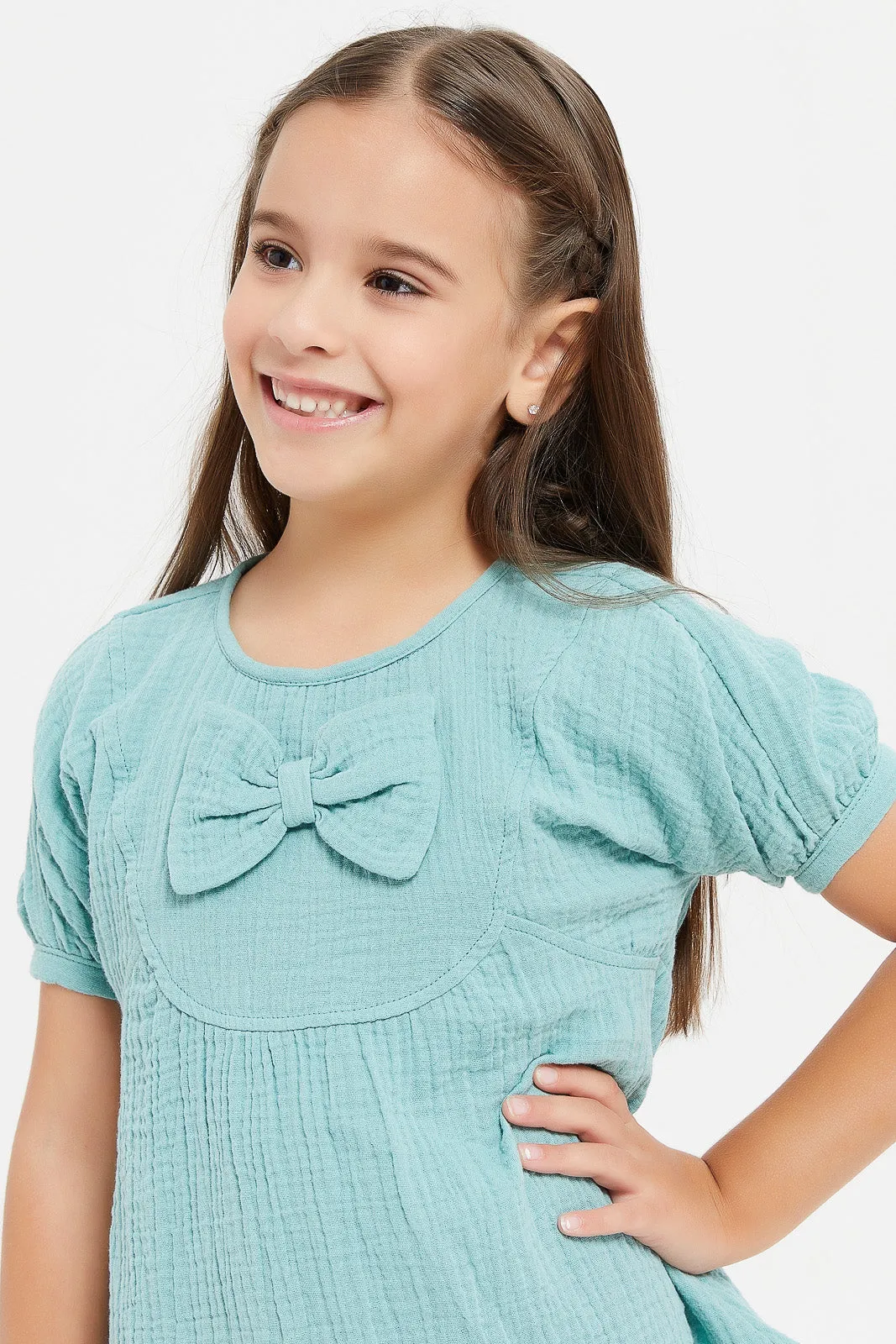 Girls Teal Bow Blouse