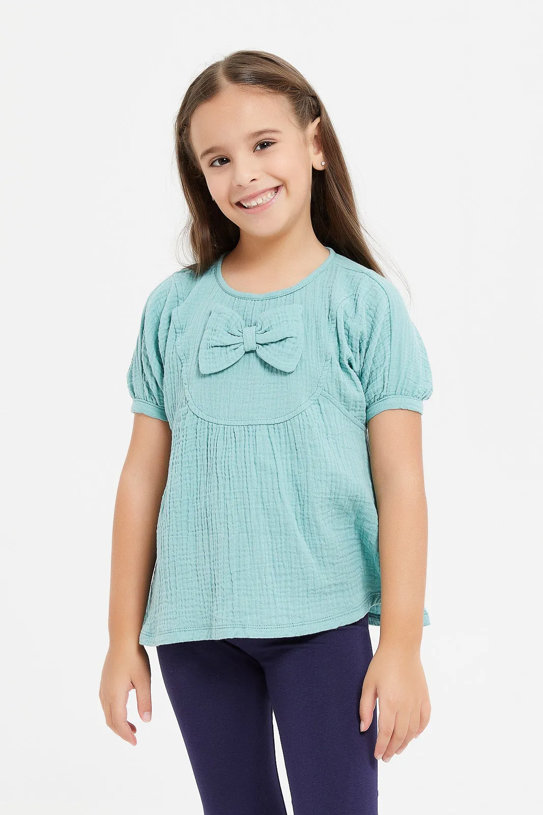 Girls Teal Bow Blouse