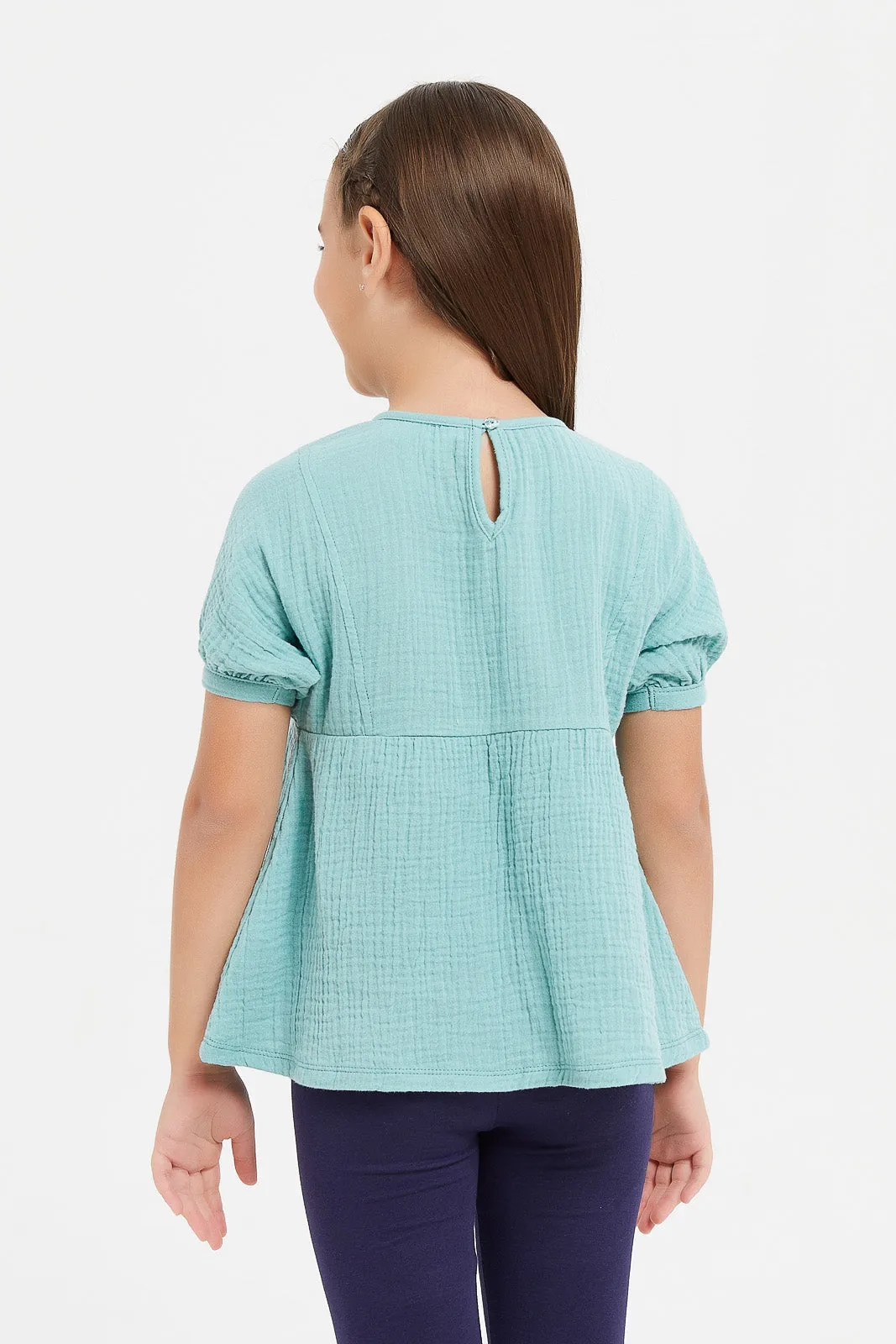 Girls Teal Bow Blouse