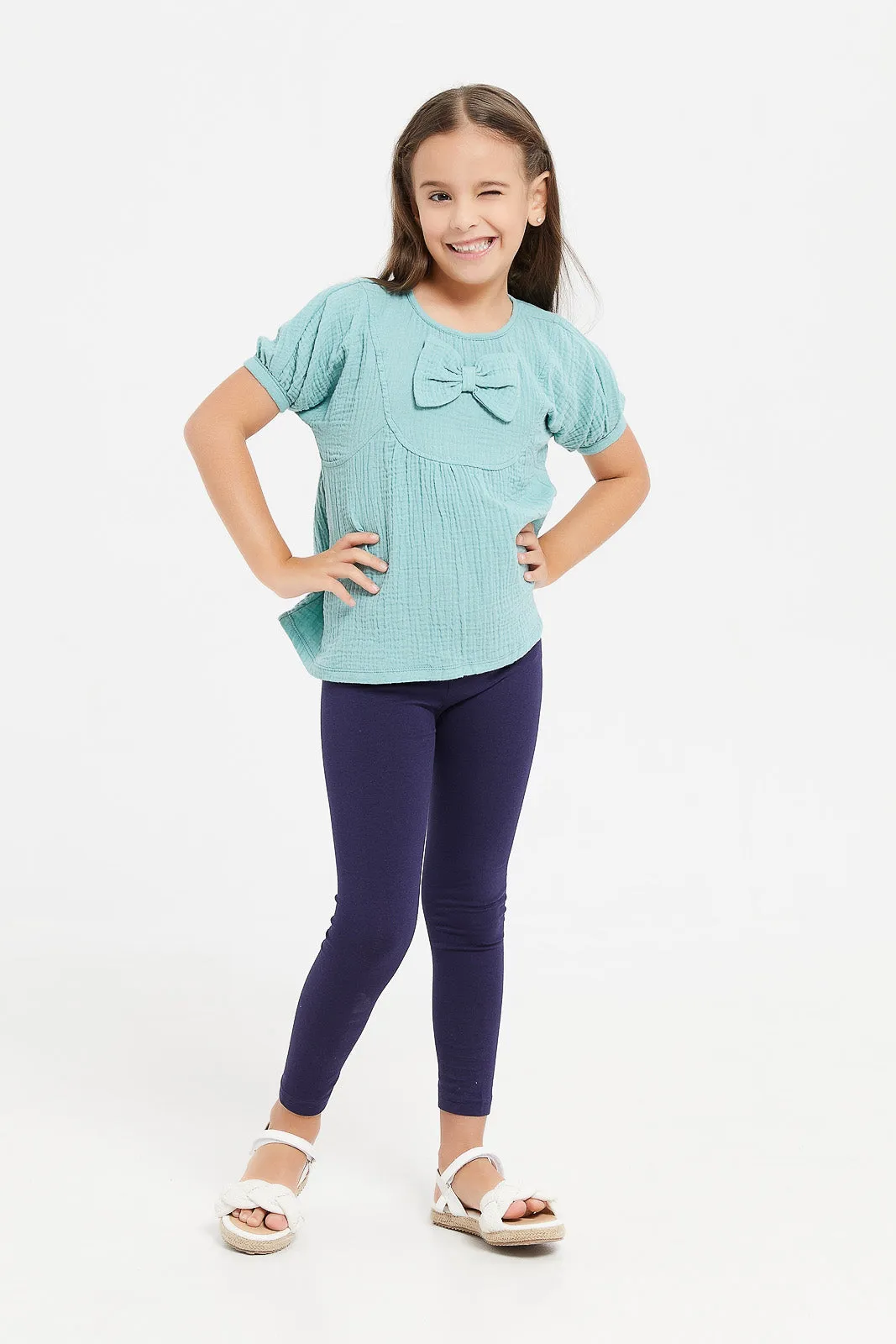 Girls Teal Bow Blouse