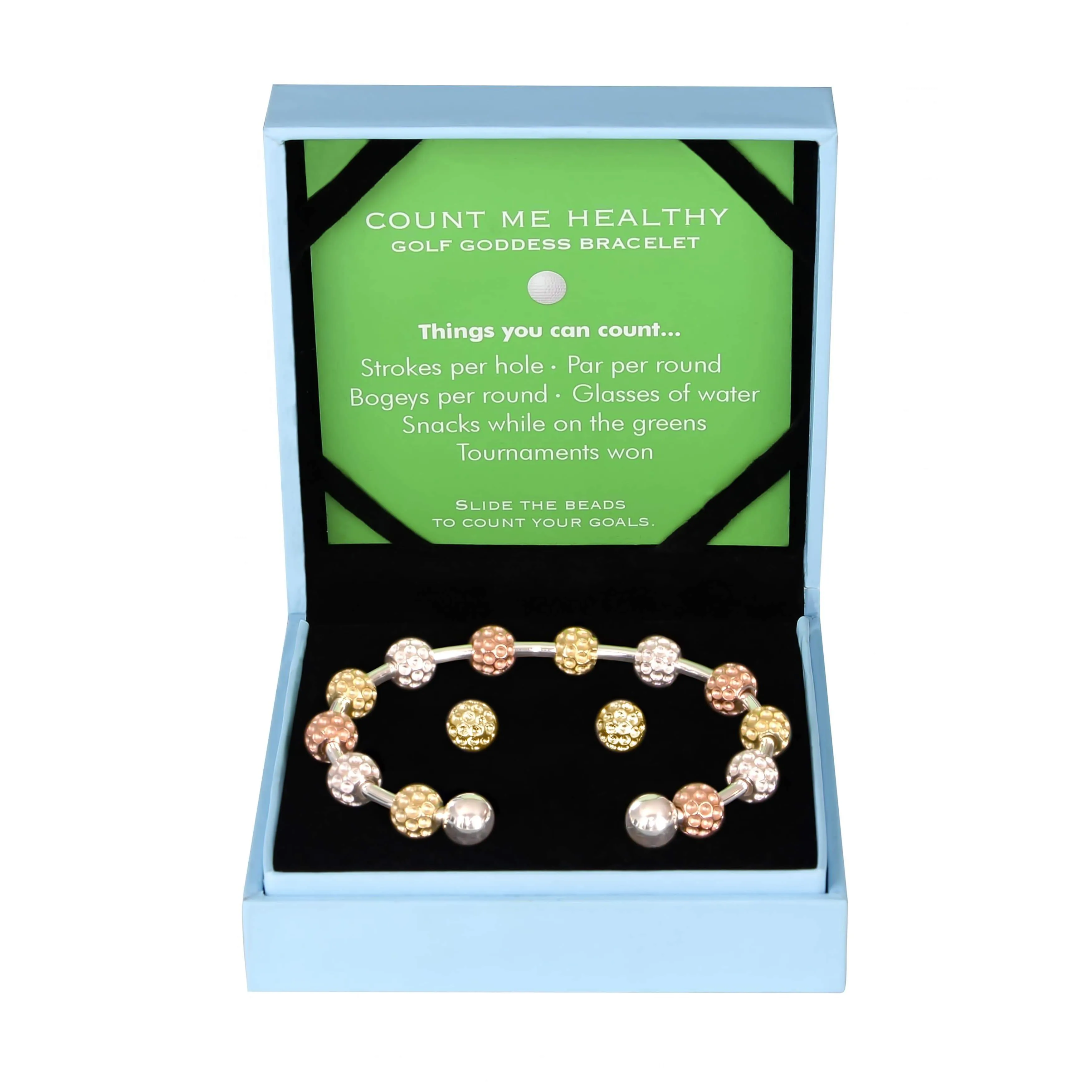 Golf Goddess Gift Set - Tricolor Golf Ball Bead Stroke Counter Bracelet and Gold Golf Ball Earrings