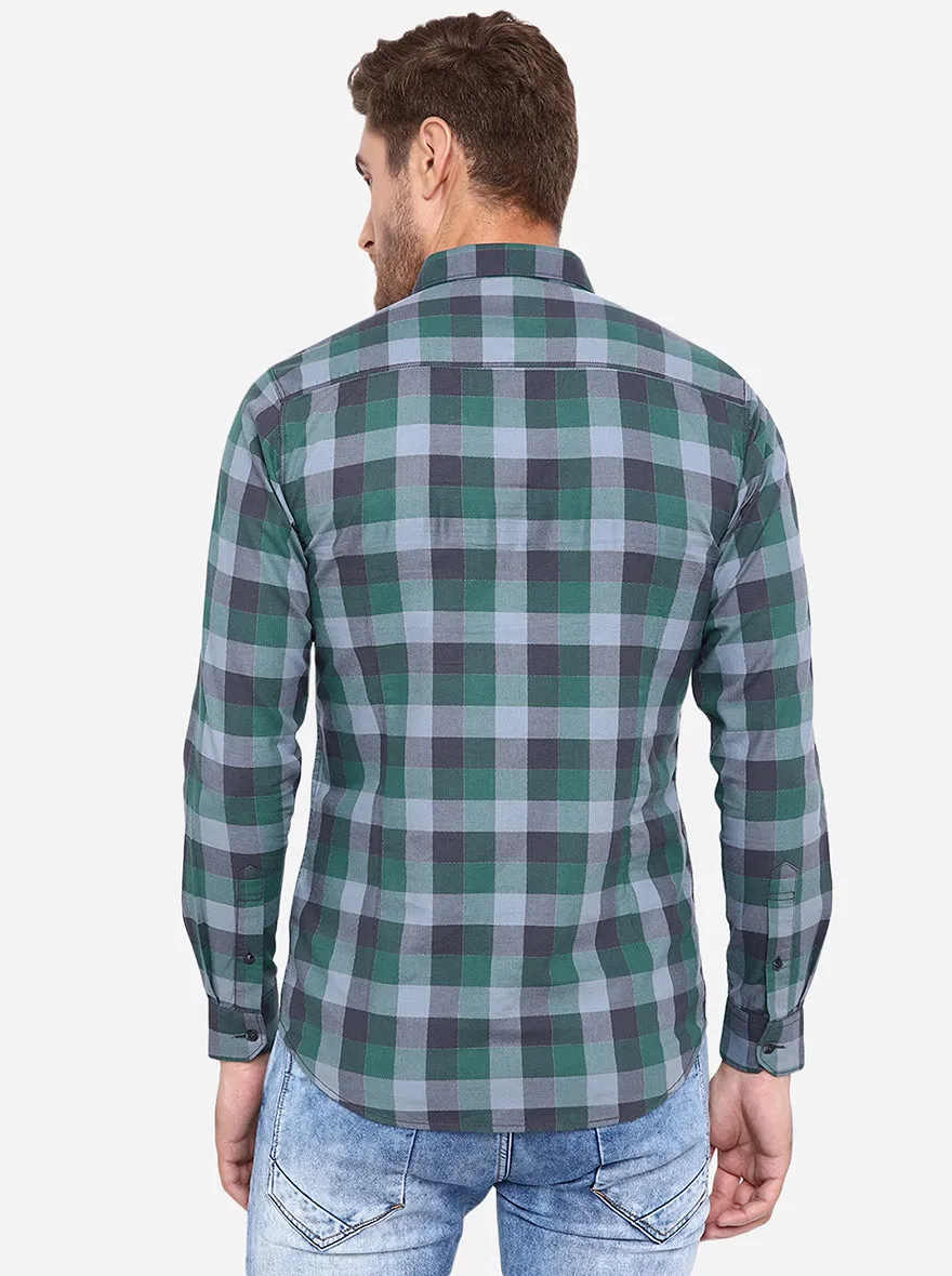 Green & Grey Checked Slim Fit Casual Shirt | JadeBlue