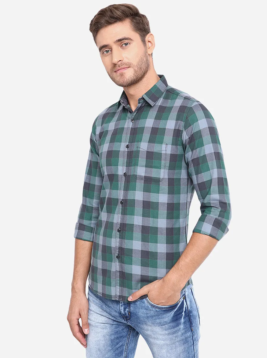 Green & Grey Checked Slim Fit Casual Shirt | JadeBlue