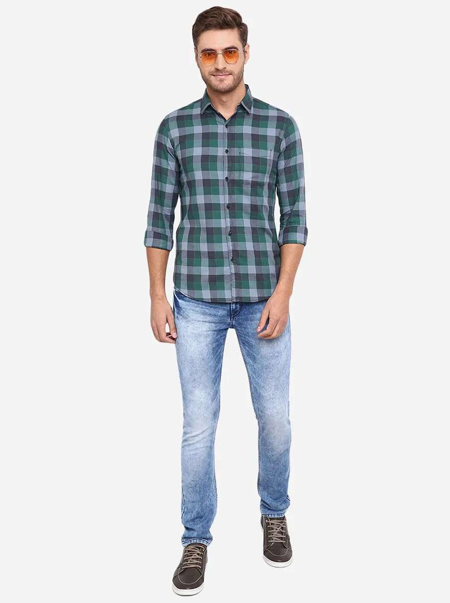 Green & Grey Checked Slim Fit Casual Shirt | JadeBlue