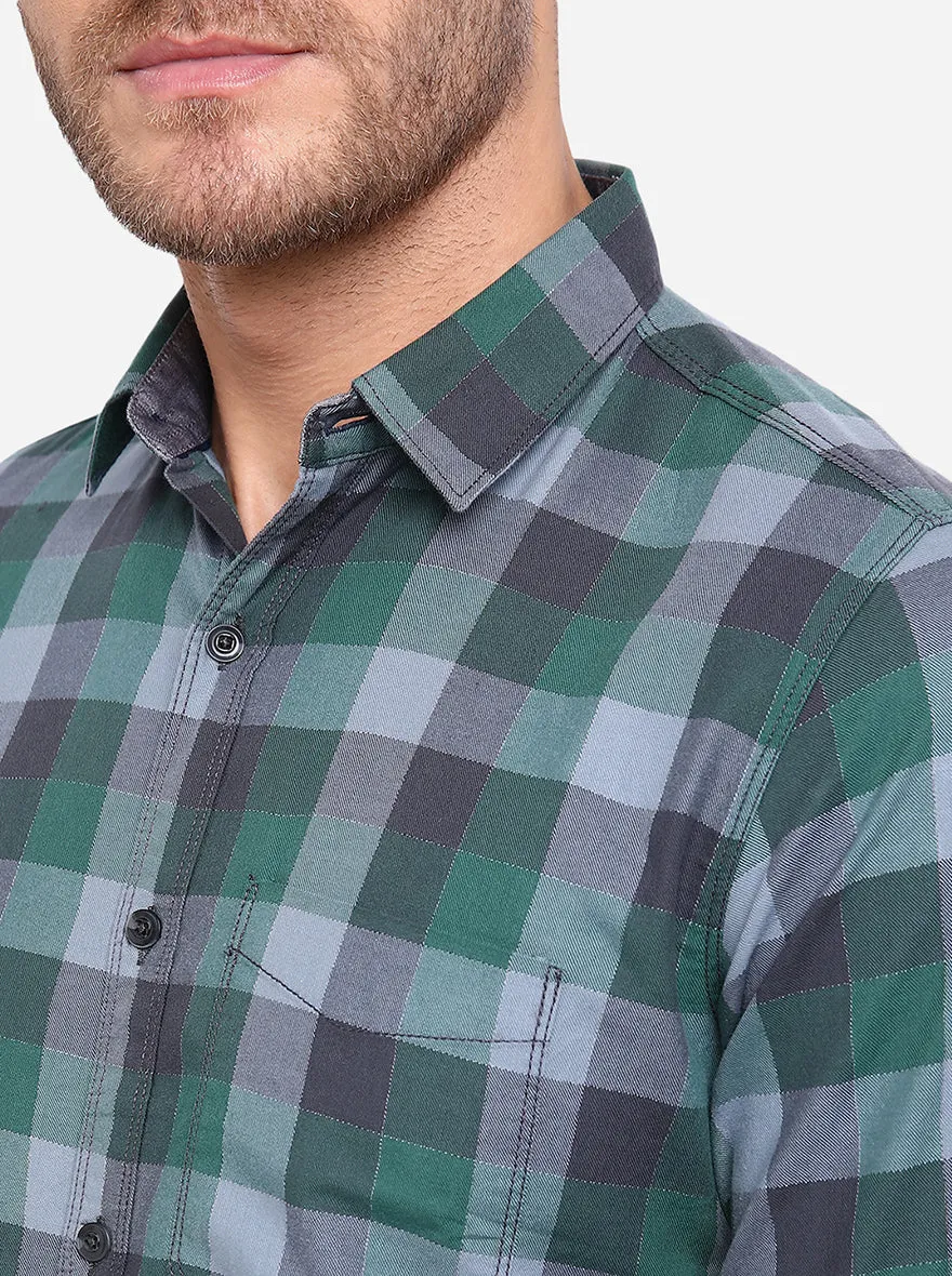 Green & Grey Checked Slim Fit Casual Shirt | JadeBlue