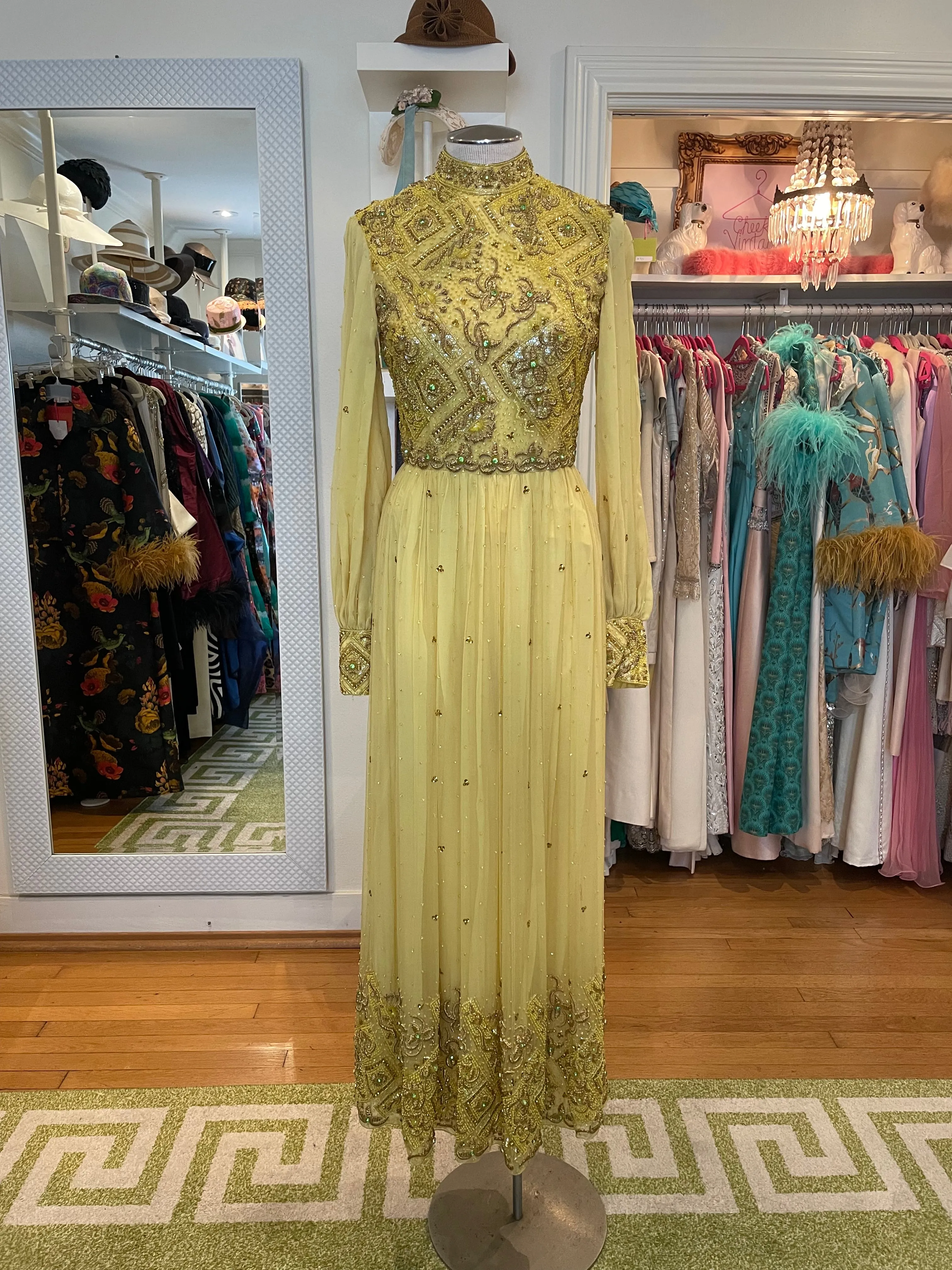 Hand Beaded Yellow Chiffon Gown