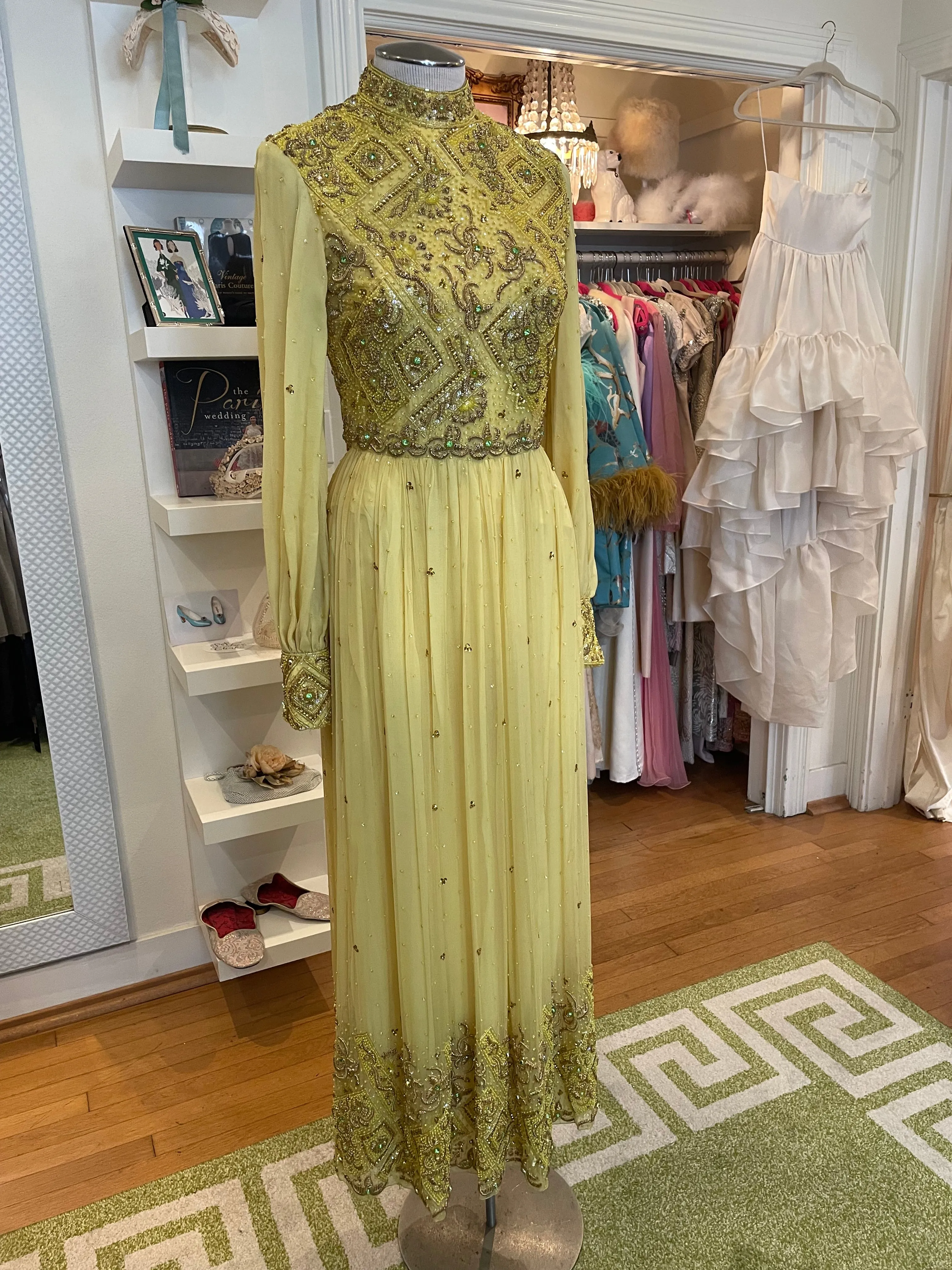 Hand Beaded Yellow Chiffon Gown