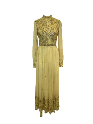 Hand Beaded Yellow Chiffon Gown