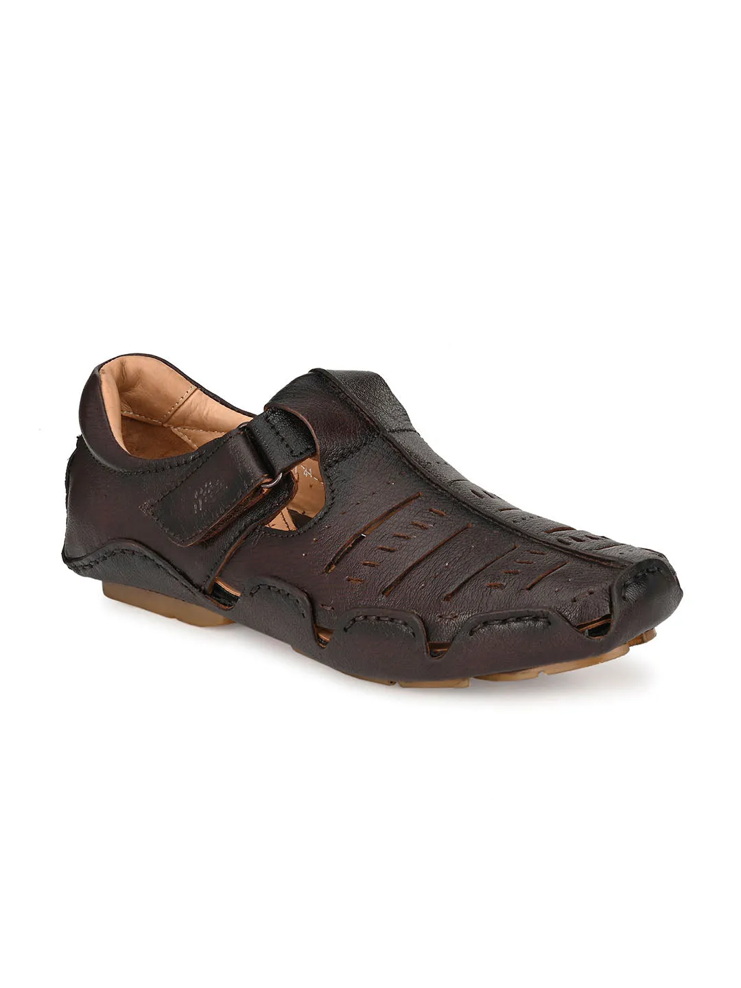 HITZ361 Men's Totone Leather Driving  Velcro Sandals