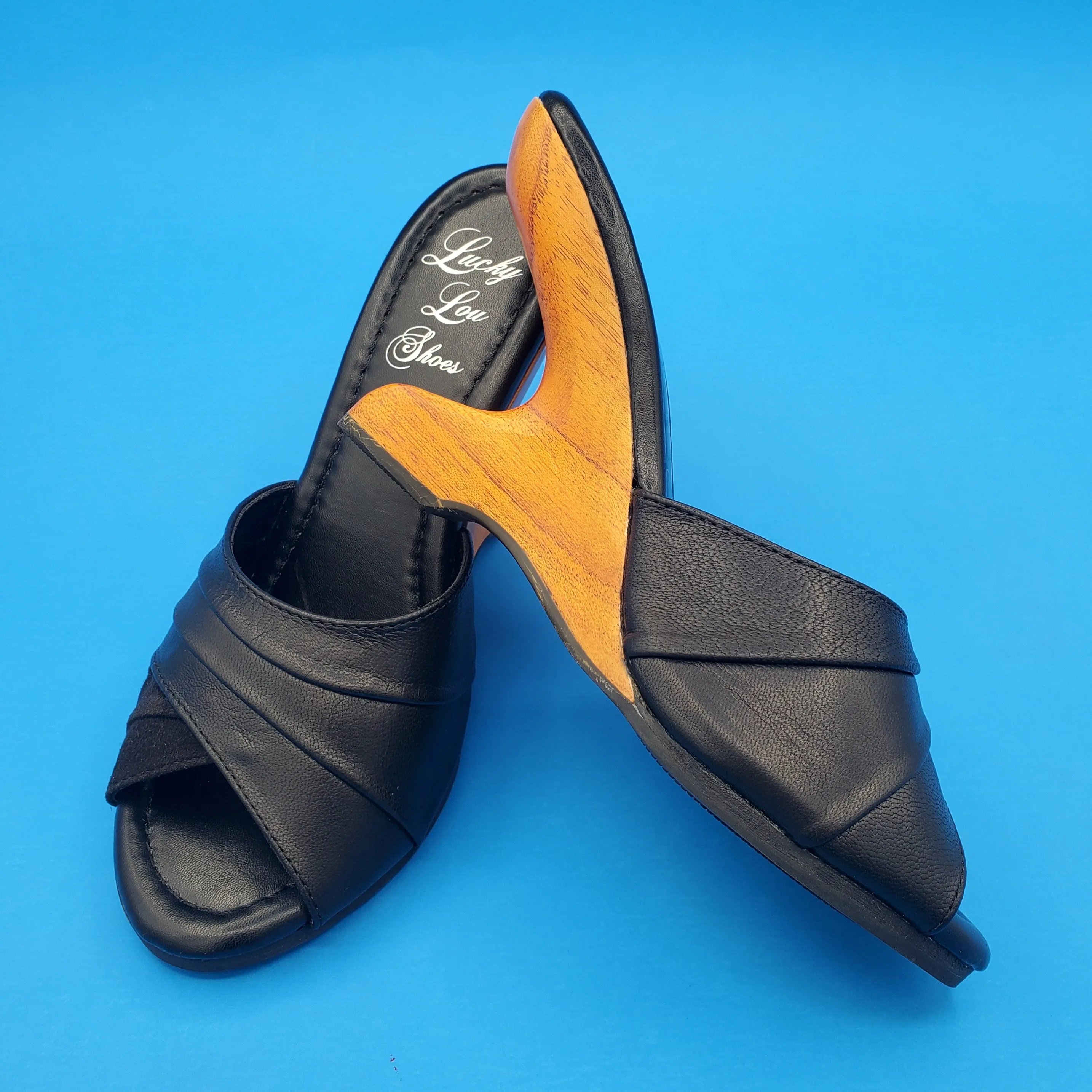 Ilze Wooden Boomerang Heel Slide Sandal in Black by Lucky Lou Shoes