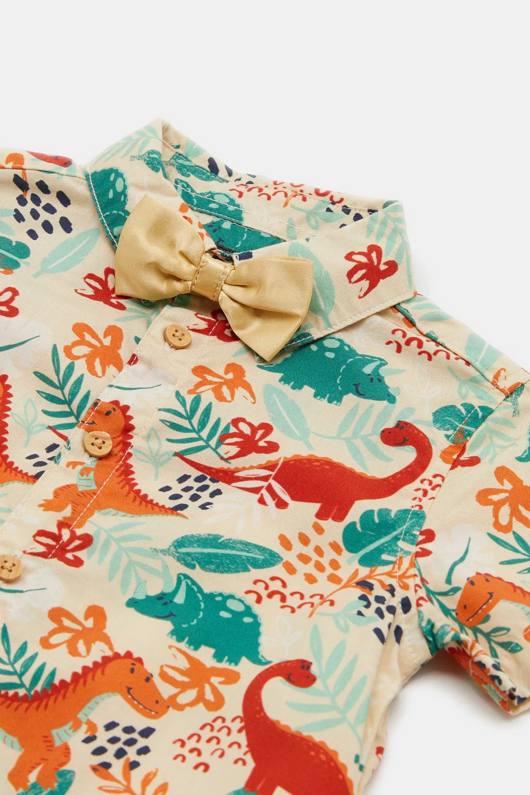 Infant Boys Beige Dino Printed Bow Shirt