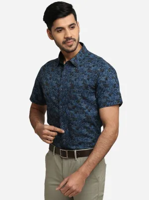 Ink Blue Printed Slim Fit Semi Casual Shirt | Greenfibre