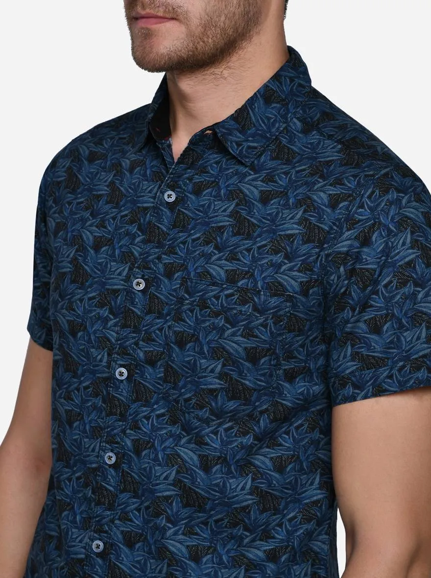 Ink Blue Printed Slim Fit Semi Casual Shirt | Greenfibre