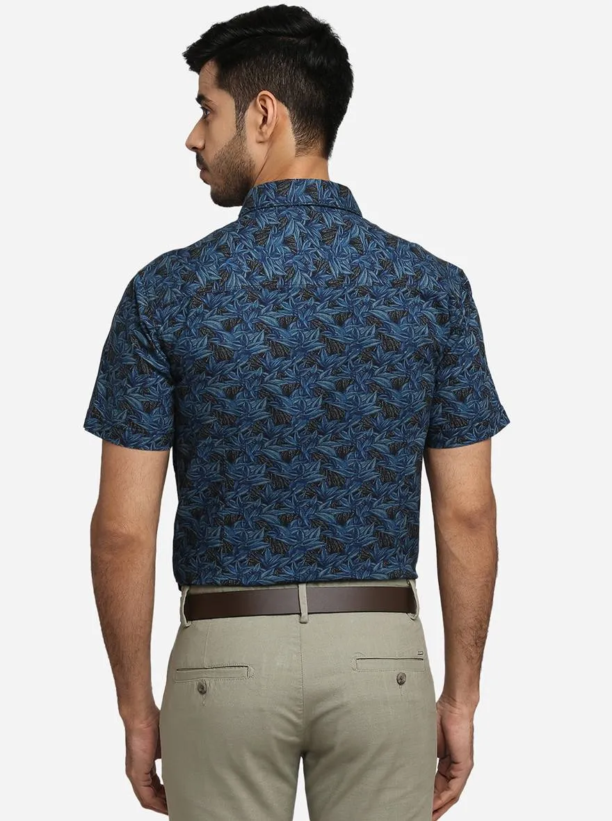 Ink Blue Printed Slim Fit Semi Casual Shirt | Greenfibre