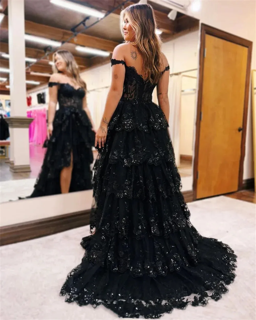 Jessica Black Glitter Prom Dresses Luxury Lace Embroidery Evening Dress Vestidos De Fiesta Side Slits Party Dress Customized