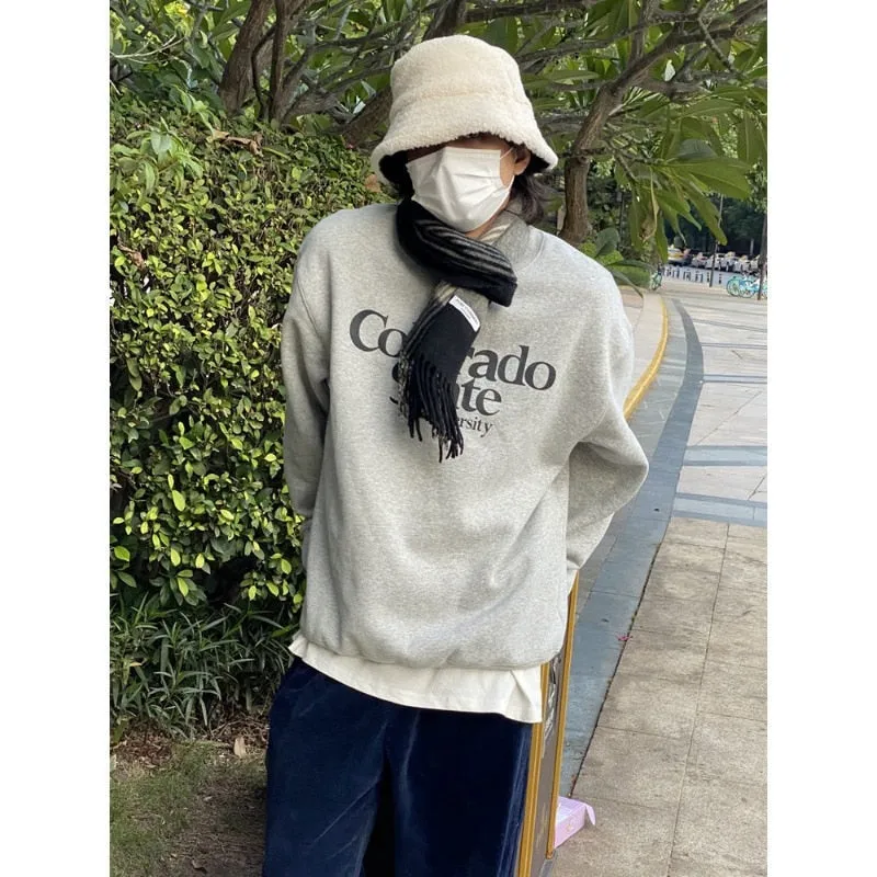 Joskaa Casual Japanese Style Sweatshirts Women Vintage Letter Print Pullovers Thick Winter Black Hoodies Female Streetwear