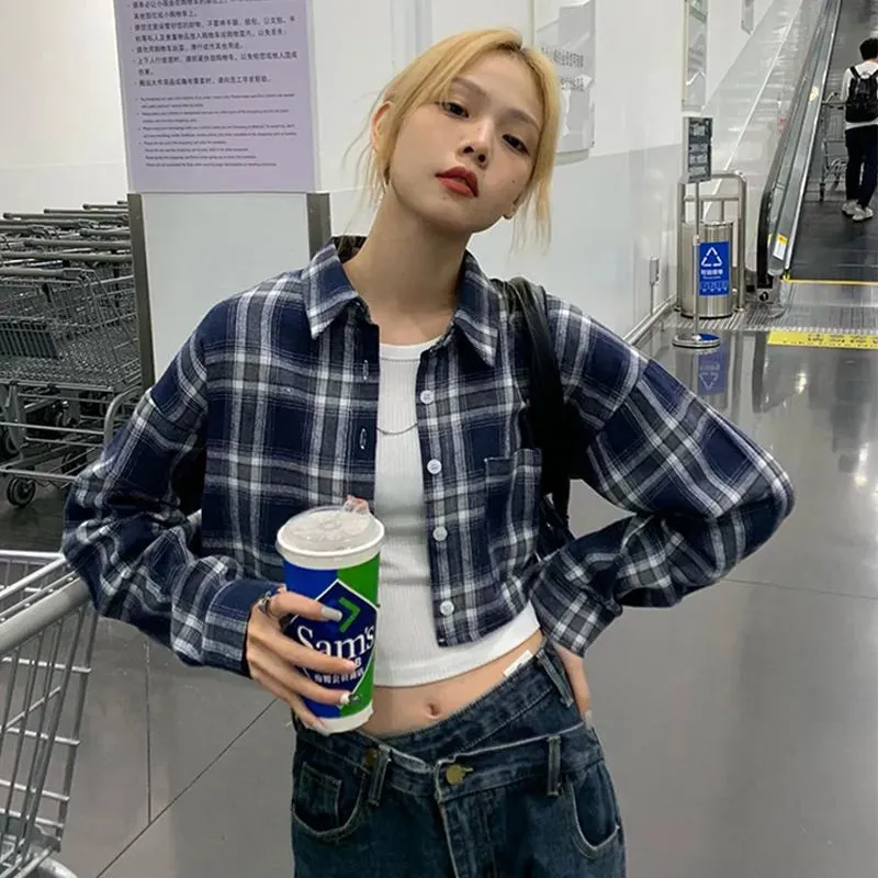 Joskaa Cropped Plaid Blouses Women Casual Korean Preppy Style Streetwear Vintage Long Sleeve Top Y2k Fashion Harajuku Cardigan