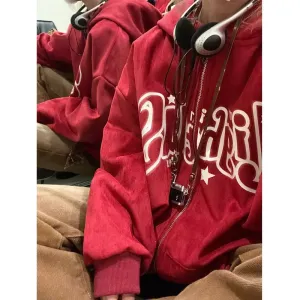 Joskaa Vintage Graphic Hoodies Women Oversized Harajuku Y2k Zip Up Sweatshirts Red Winter Korean Streetwear Aesthetic Hippie