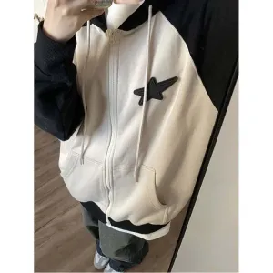 Joskaa Vintage Zip Up Hoodies Women Oversize Preppy 90s Sweatshirts Harajuku Korean Style Female Streetwear Casual Winter Tops