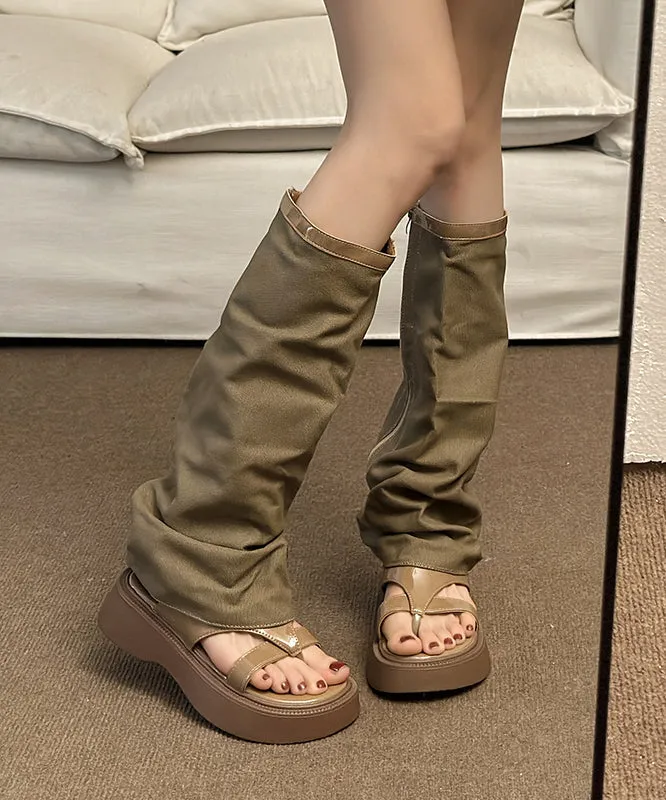 Khaki Platform Denim Casual Hollow Out Thong Sandals Boots OI061