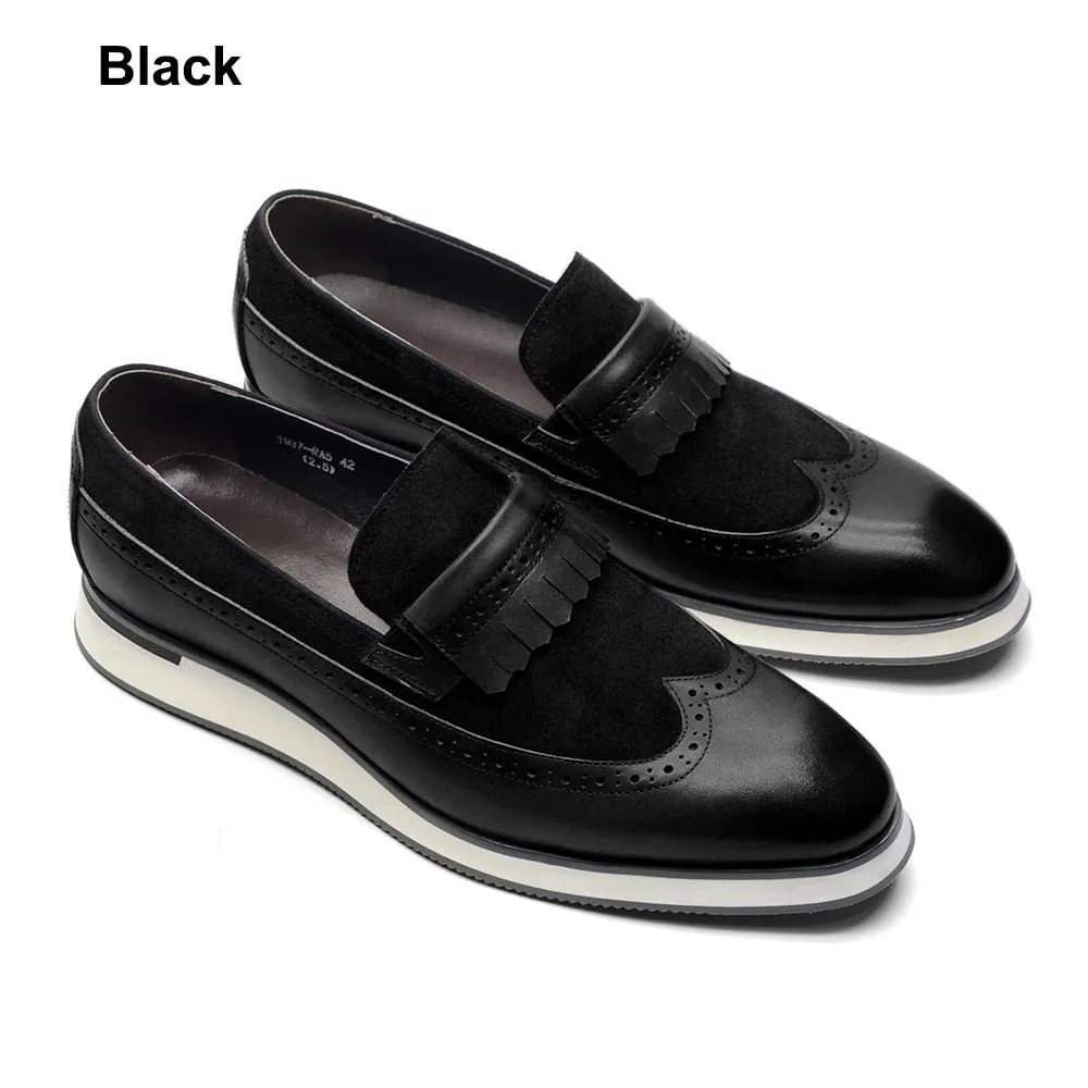 Luxury European Mens Non-slip Sneakers Genuine Leather Suede Wingtip Tassel Flat Loafer Casual Business Driving Shoes for Men