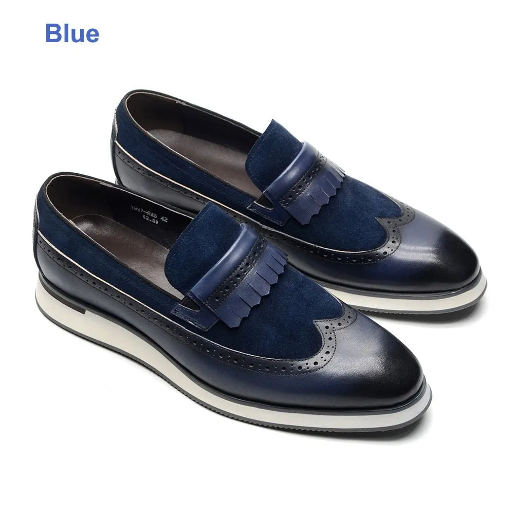 Luxury European Mens Non-slip Sneakers Genuine Leather Suede Wingtip Tassel Flat Loafer Casual Business Driving Shoes for Men