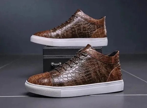 Luxury Men's Retro Brown Crocodile Leather High Top Sneakers | Lace-Up Non-Slip Vulcanized Shoes