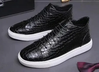 Luxury Men's Retro Brown Crocodile Leather High Top Sneakers | Lace-Up Non-Slip Vulcanized Shoes