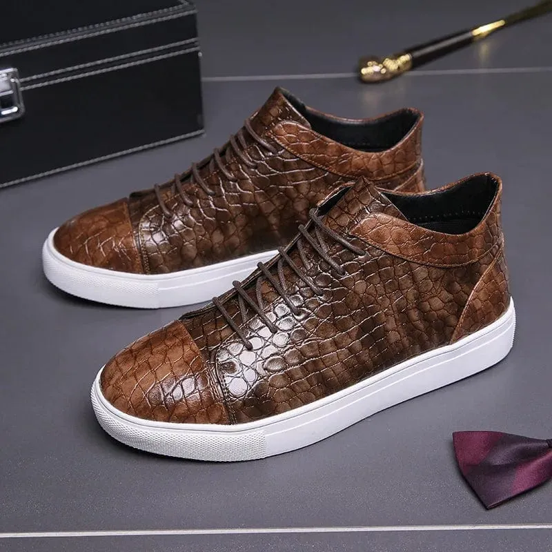 Luxury Men's Retro Brown Crocodile Leather High Top Sneakers | Lace-Up Non-Slip Vulcanized Shoes