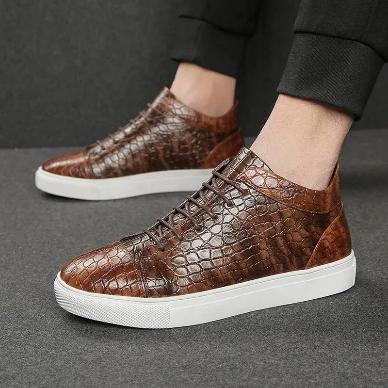 Luxury Men's Retro Brown Crocodile Leather High Top Sneakers | Lace-Up Non-Slip Vulcanized Shoes