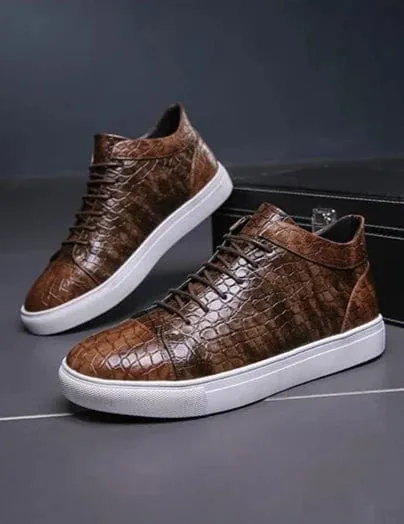 Luxury Men's Retro Brown Crocodile Leather High Top Sneakers | Lace-Up Non-Slip Vulcanized Shoes