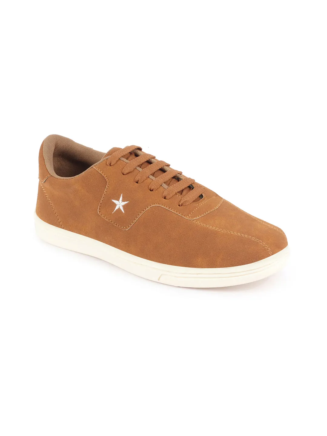 Men Tan Classic Embroidery Star Upper Soft Suede Leather Lace Up Sneakers Shoes