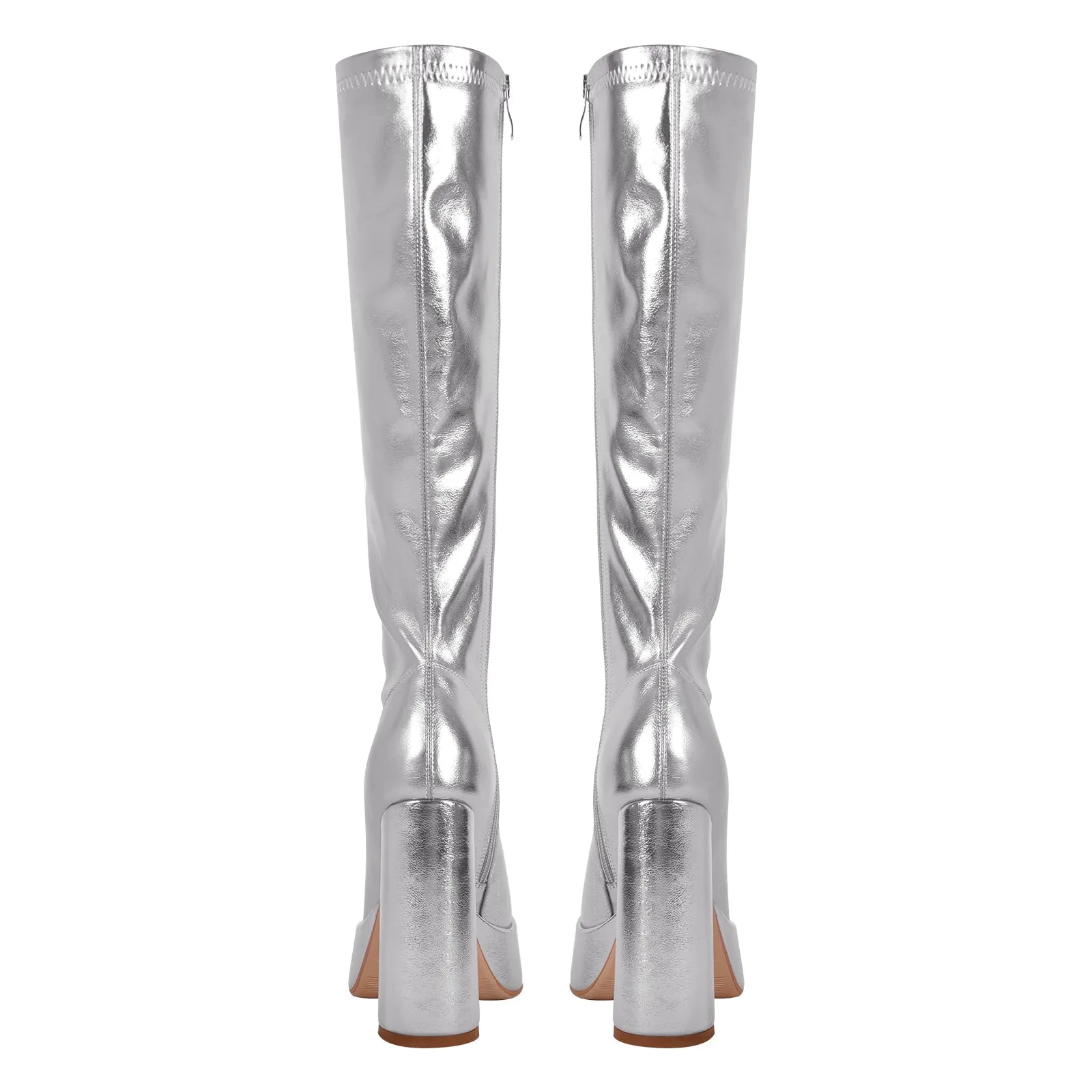 Metallic Leather Platform Chunky Heel Knee High Boots