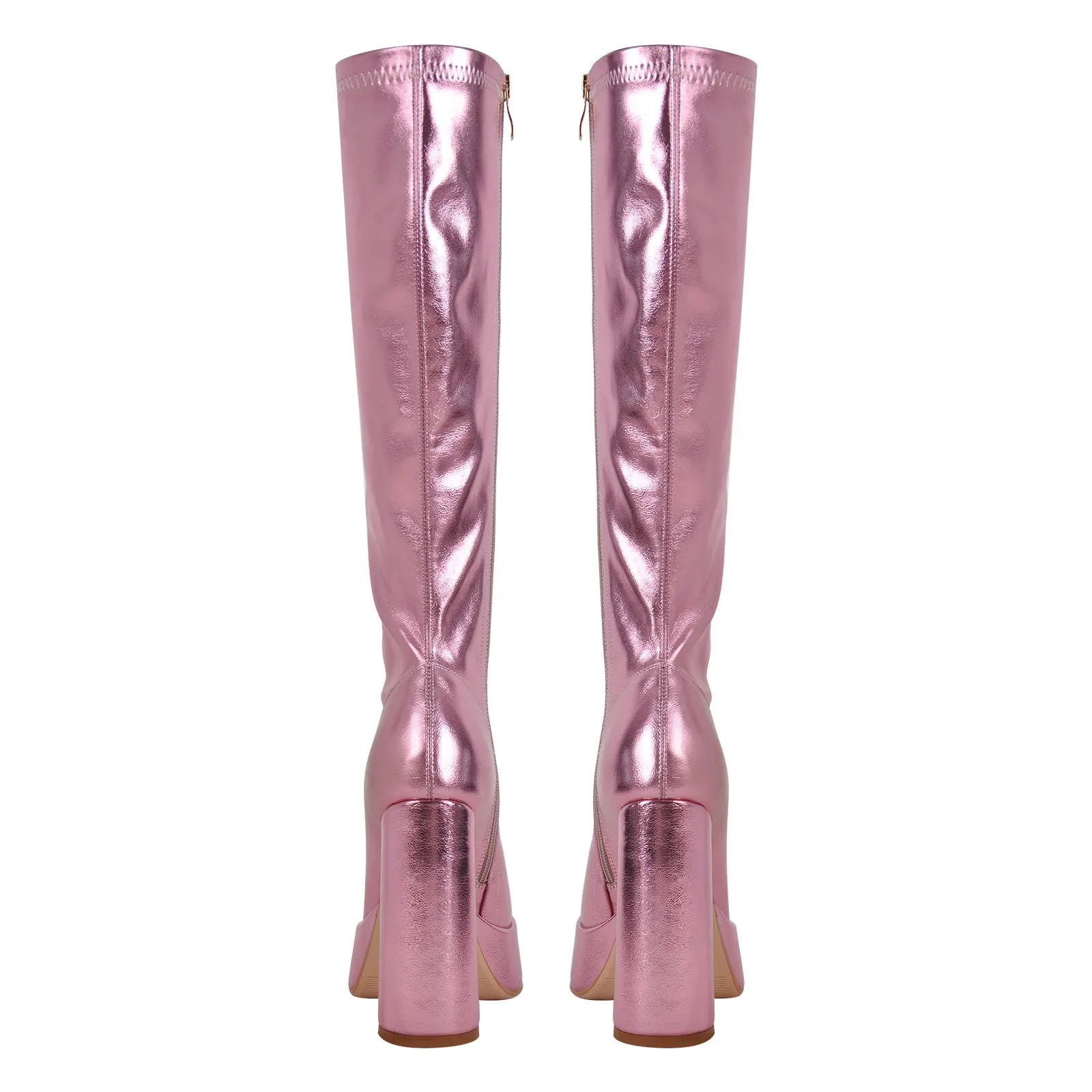 Metallic Leather Platform Chunky Heel Knee High Boots