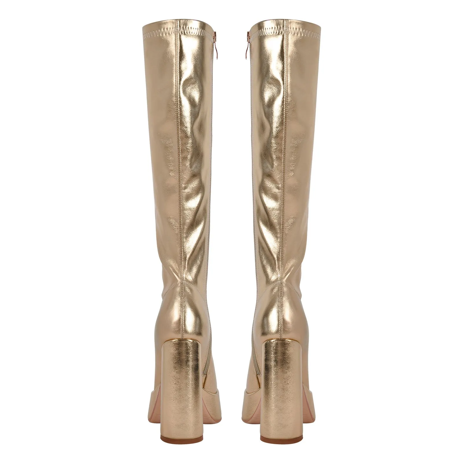 Metallic Leather Platform Chunky Heel Knee High Boots