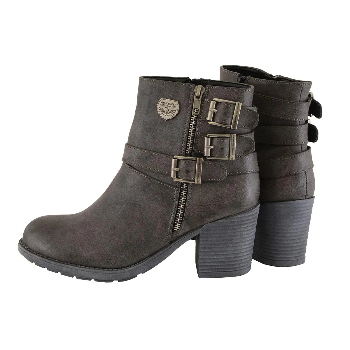 Milwaukee Leather MBL9406 Women's Stone Grey 3-Buckle Leather Boots with Platform Heel