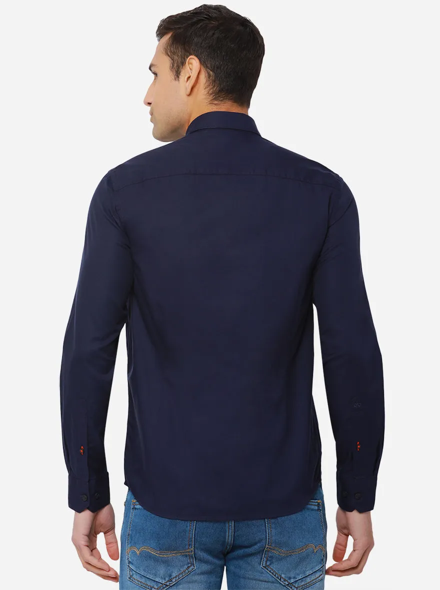 Navy Blue Solid Slim Fit Semi Casual Shirt | JadeBlue