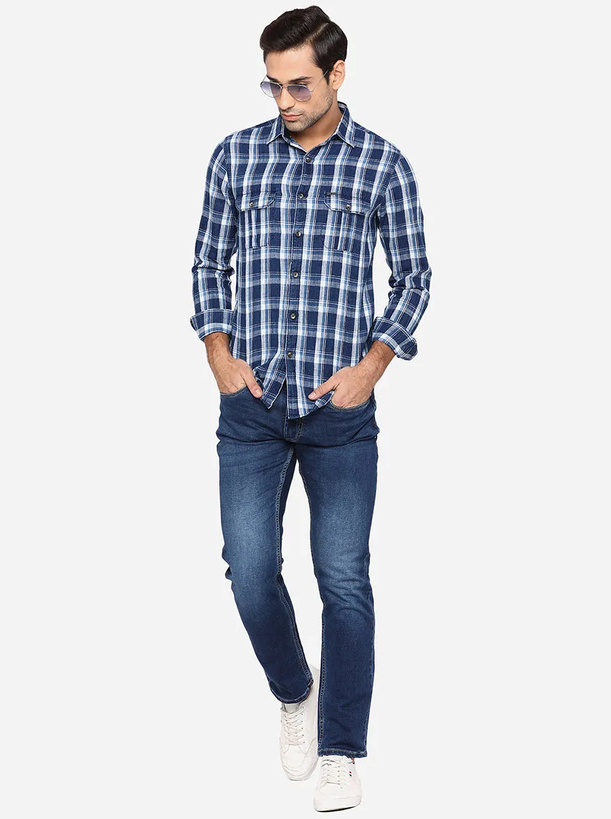 Nights Blue Checked Slim Fit Semi Casual Shirt | JadeBlue