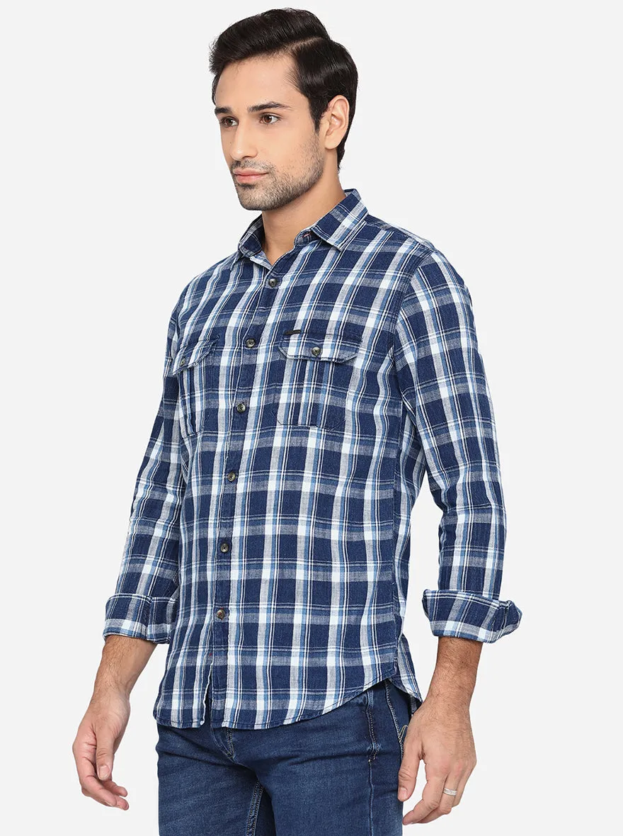 Nights Blue Checked Slim Fit Semi Casual Shirt | JadeBlue