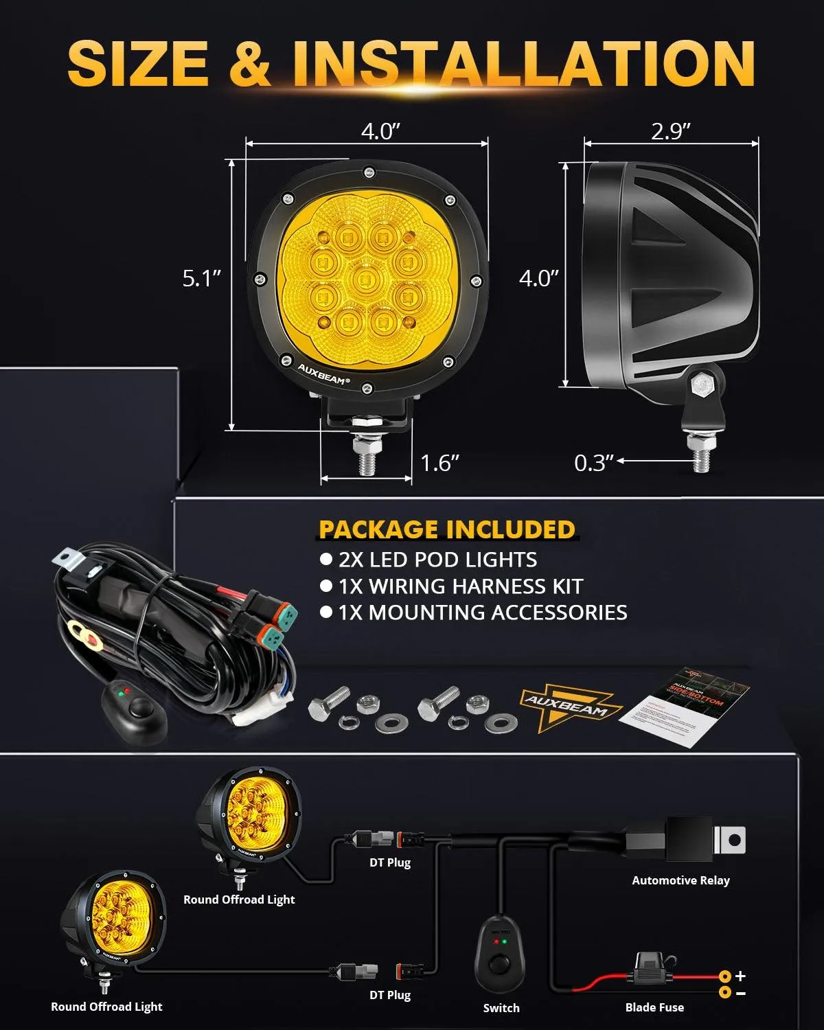 P4 Series | 4 Inch 90W 9000LM Round LED Driving Lights Flood Amber Pod Lights