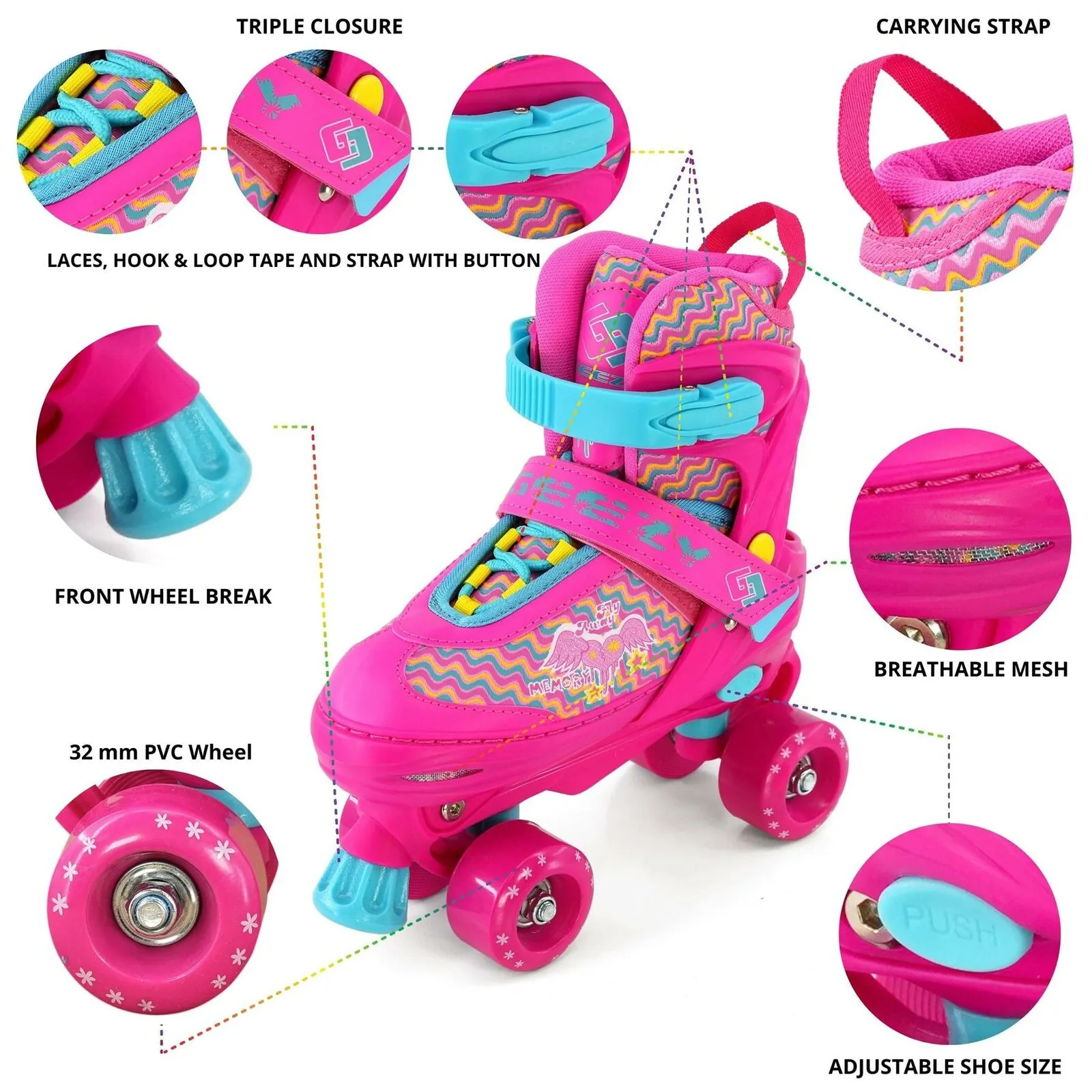 Pink Roller Skates for Kids with 4 Wheel