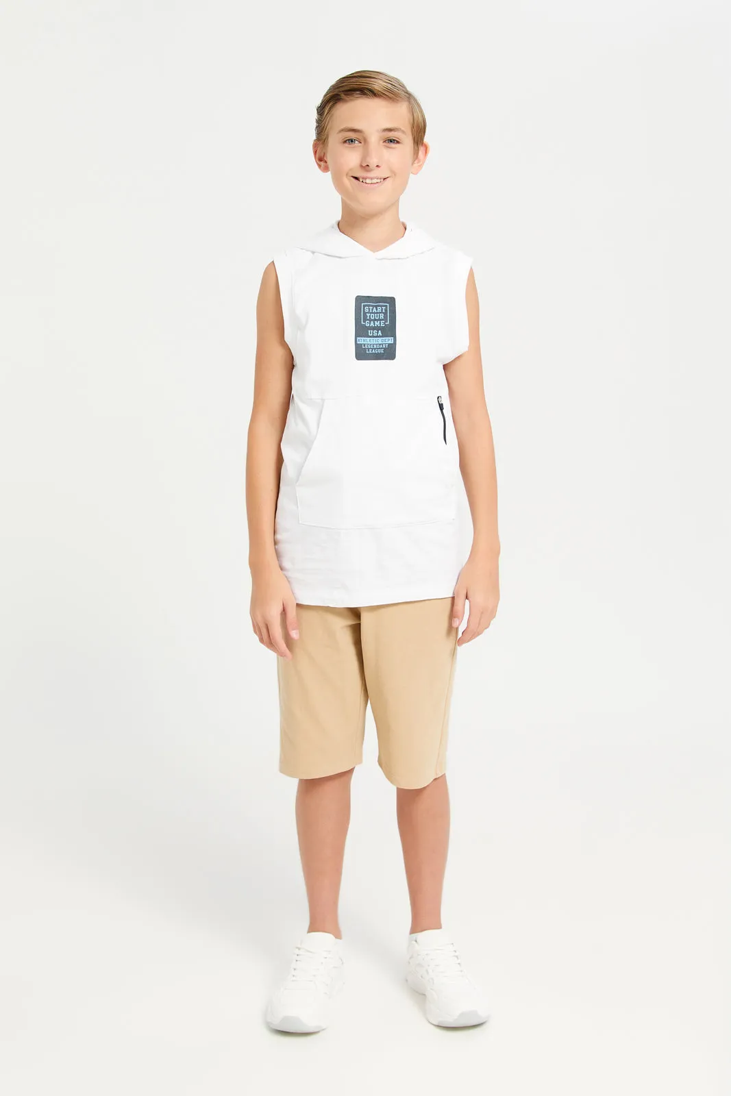 Senior Boys White Hooded Sleeveless T-shirt