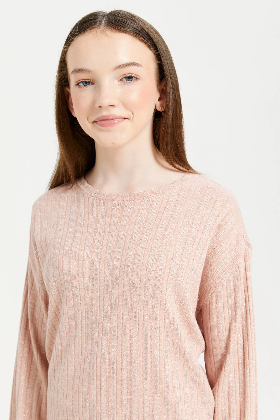 Senior Girls Pink Lurex Drop Shoulder Rib Top