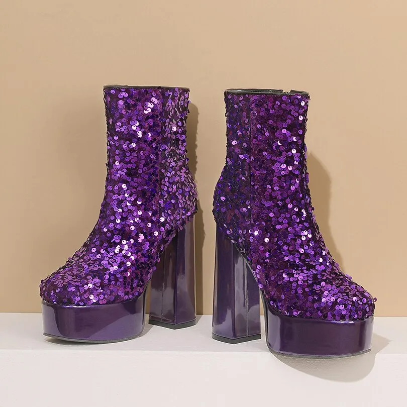 Sequin Platform Ankle Boots