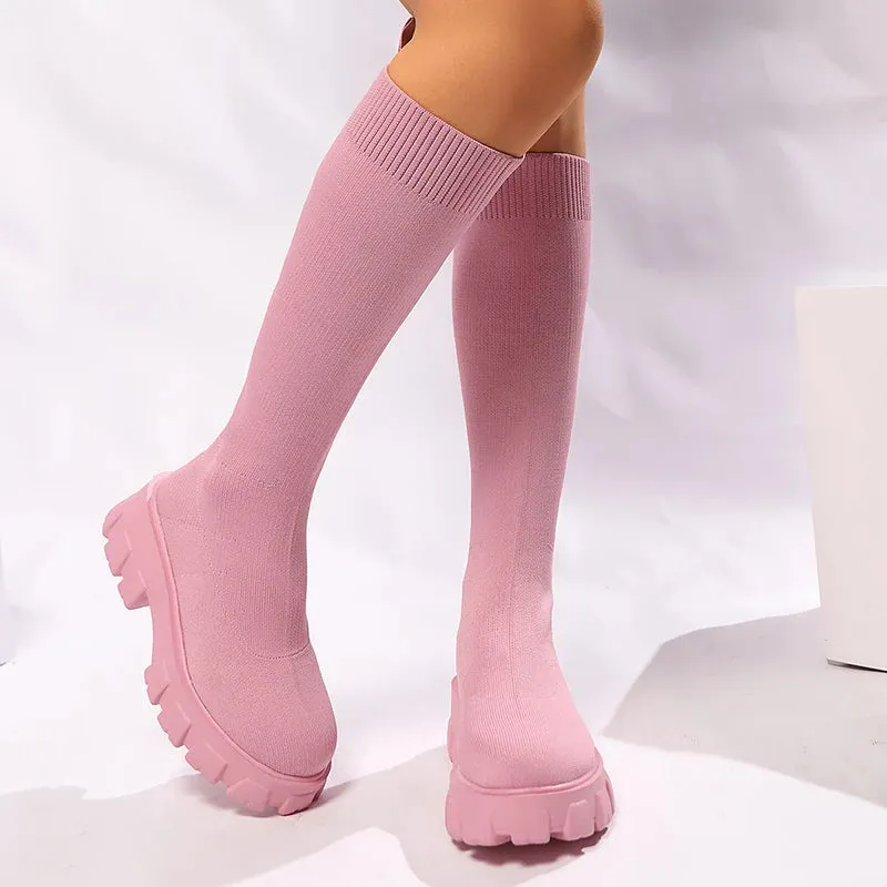 Sohiwoo Fashion Platform Thigh High Boots Women Autumn Winter Slip On Knitted Sock Boots Women Thick Bottom Knee Long Botas Mujer