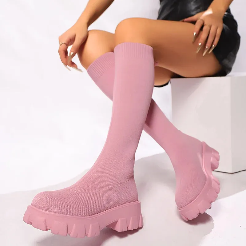 Sohiwoo Fashion Platform Thigh High Boots Women Autumn Winter Slip On Knitted Sock Boots Women Thick Bottom Knee Long Botas Mujer